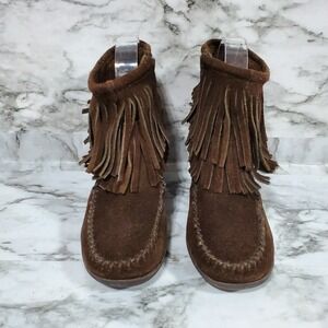Minnetonka Boots Women's 6 Brown Leather Double Fringe Ankle Wedge Bootie 84016